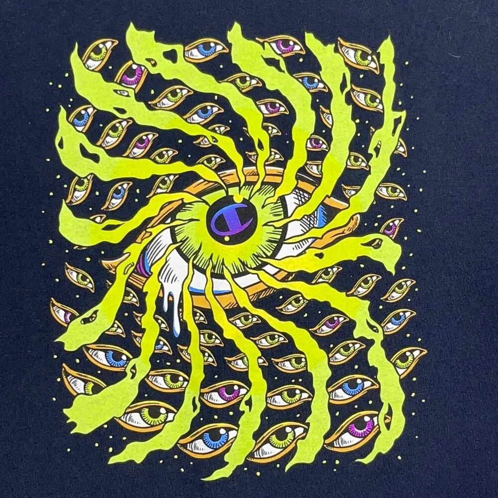 Champion T-Shirt Men‎ XL Vintage Y2K Yellow Eye Spiral Graphic Navy Blue - Picture 3 of 10